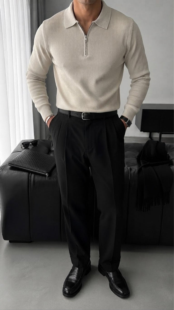 Luźny Sweter Polo - Beżowy
