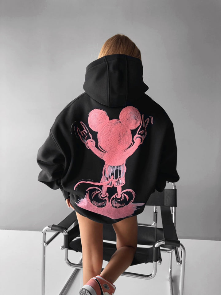 Oversize Hoodie z Myszą - Czarny i Różowy