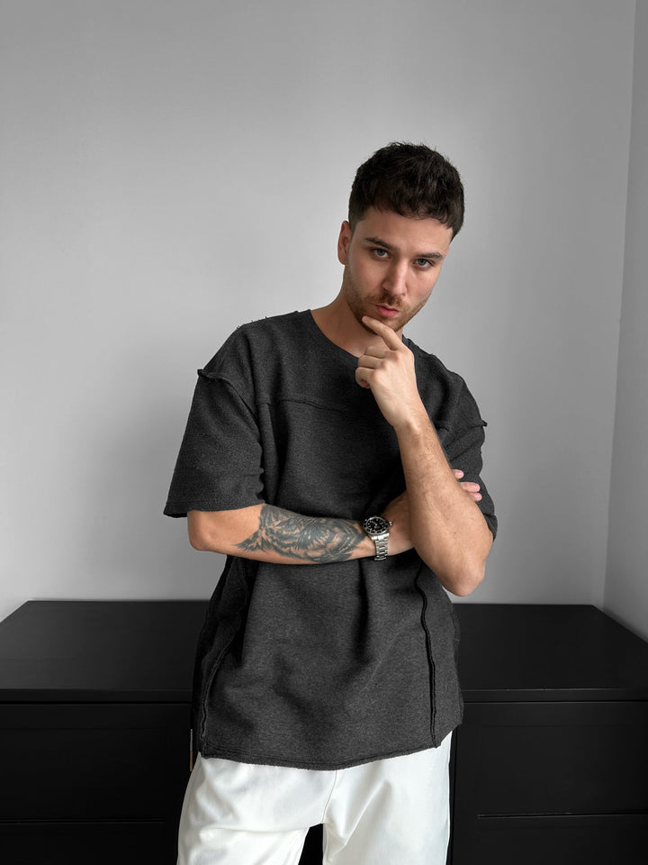 T-shirt Oversize z Detalami Szwów - Antracytowy