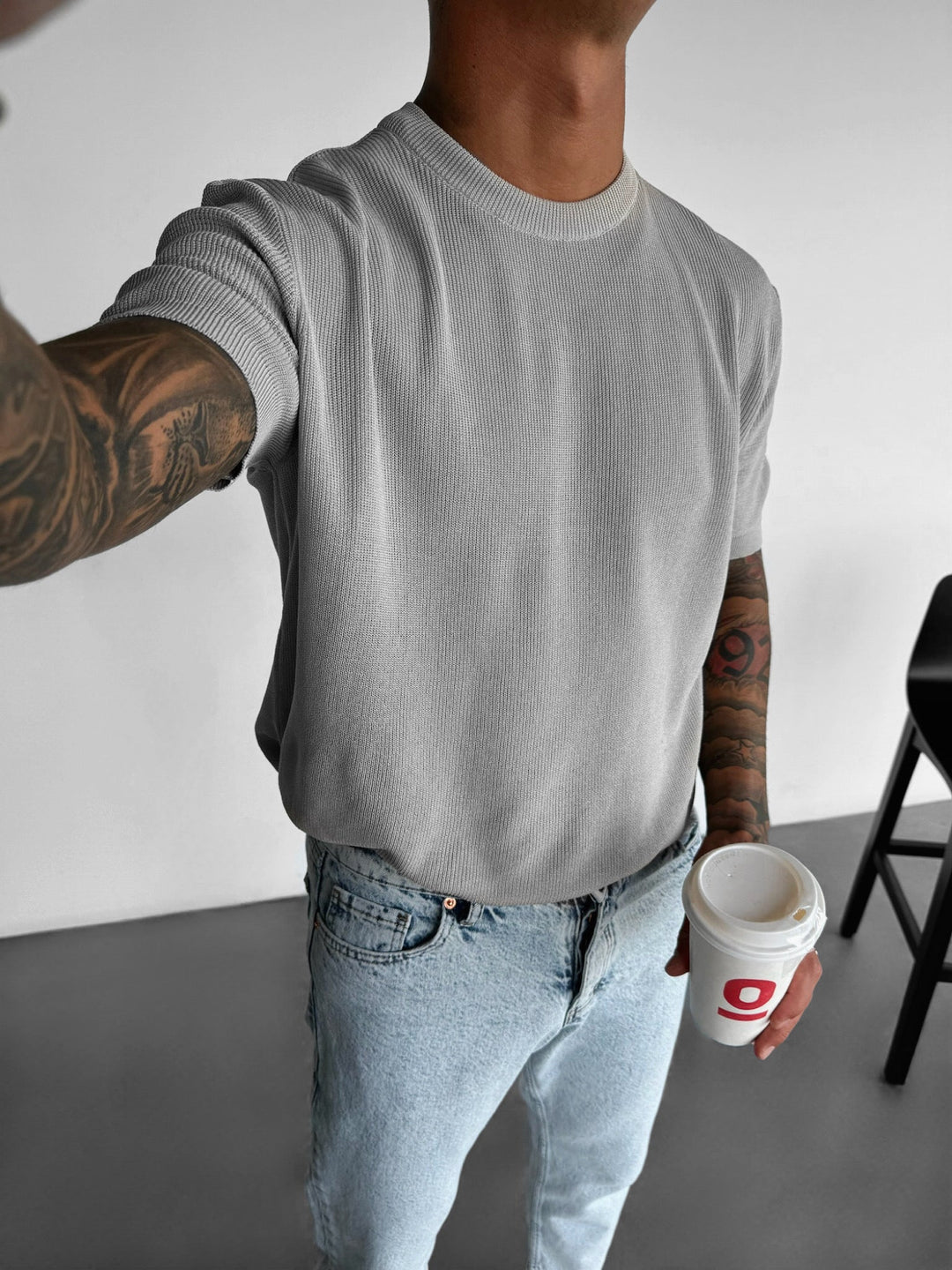 Oversize T-shirt dzianinowy - Szary