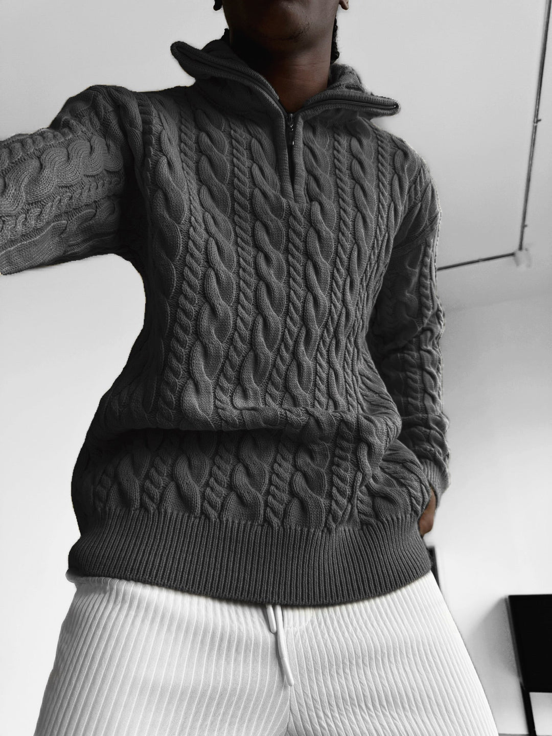 Oversize Kołnierz Pleciony Zamek Sweter - Antracyt