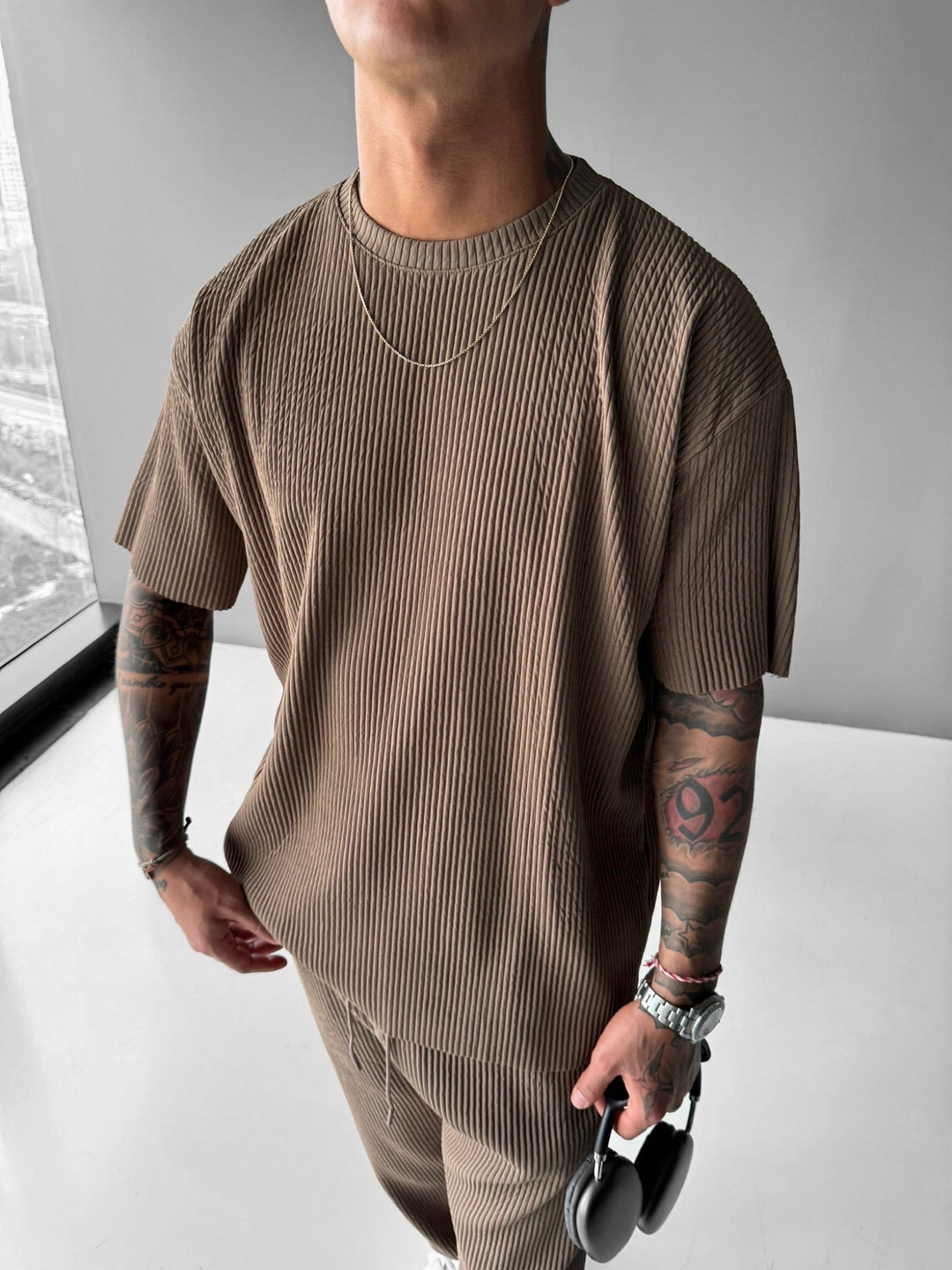 Oversize Ribbed T-Shirt - Brązowy