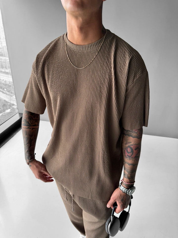 Oversize Ribbed T-Shirt - Brązowy