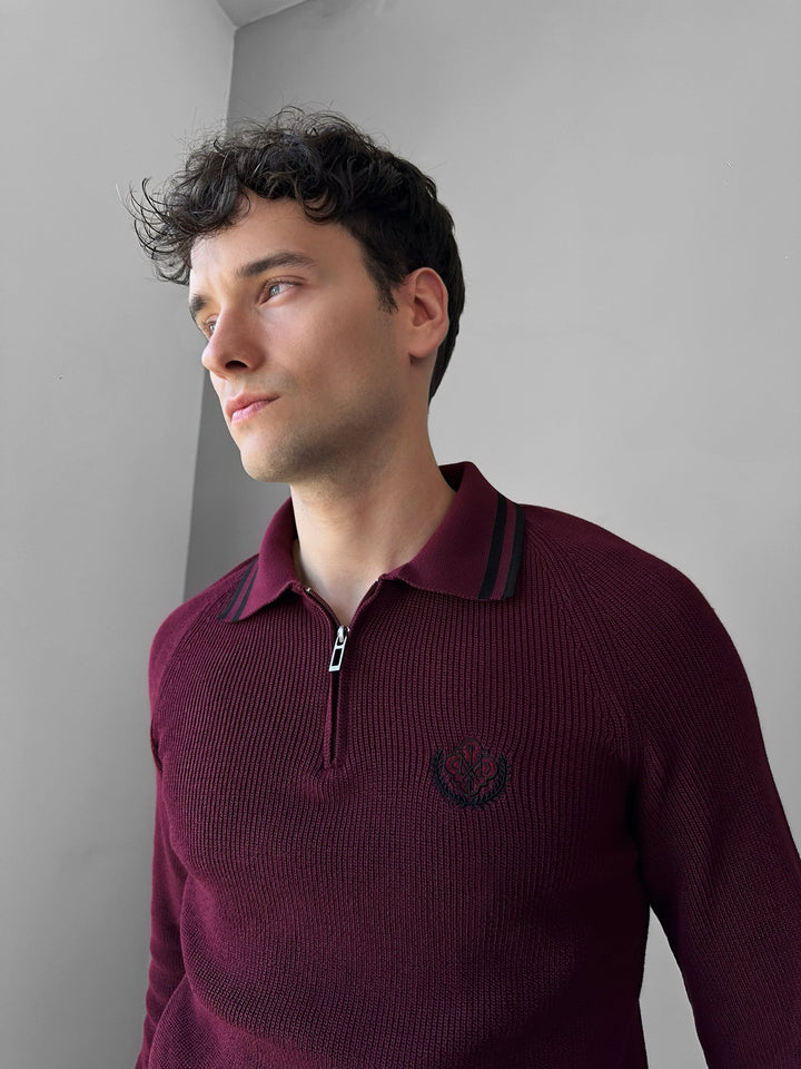 Slim Fit Half-Zip Haftowany Sweter Polo - Bordeaux