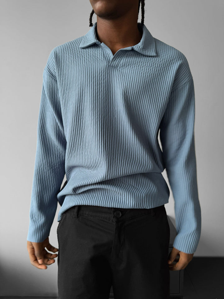 Oversize Ribbed Long Arm Polo T-shirt - Koronowy Niebieski