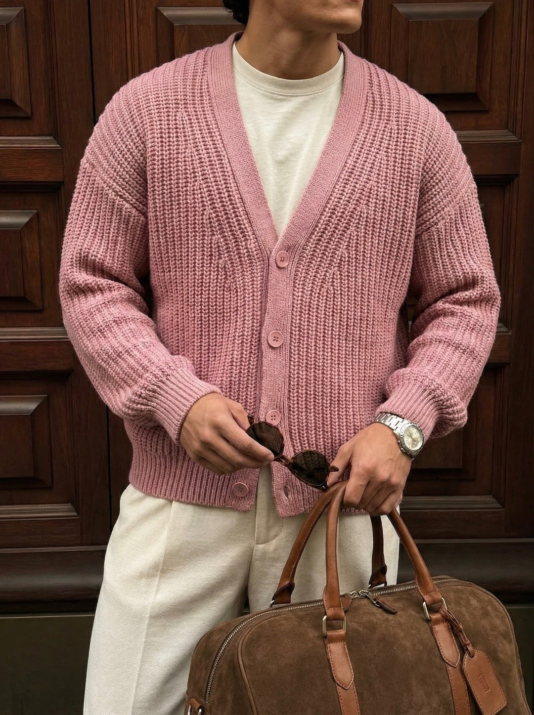 Oversize Crop Cardigan - Pudrowy