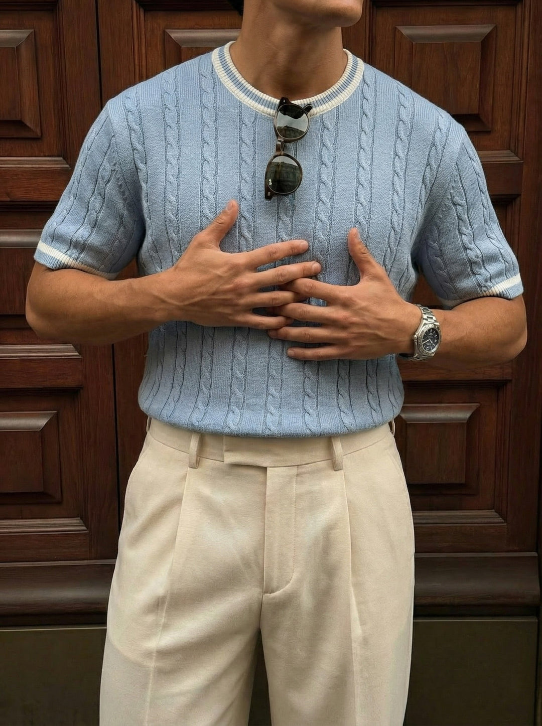 T-shirt Regular Fit Braid Knit - Babyblue