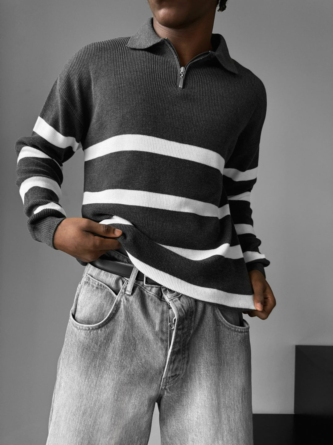 Oversize Sweter Polo z Dzianiny - Antracyt