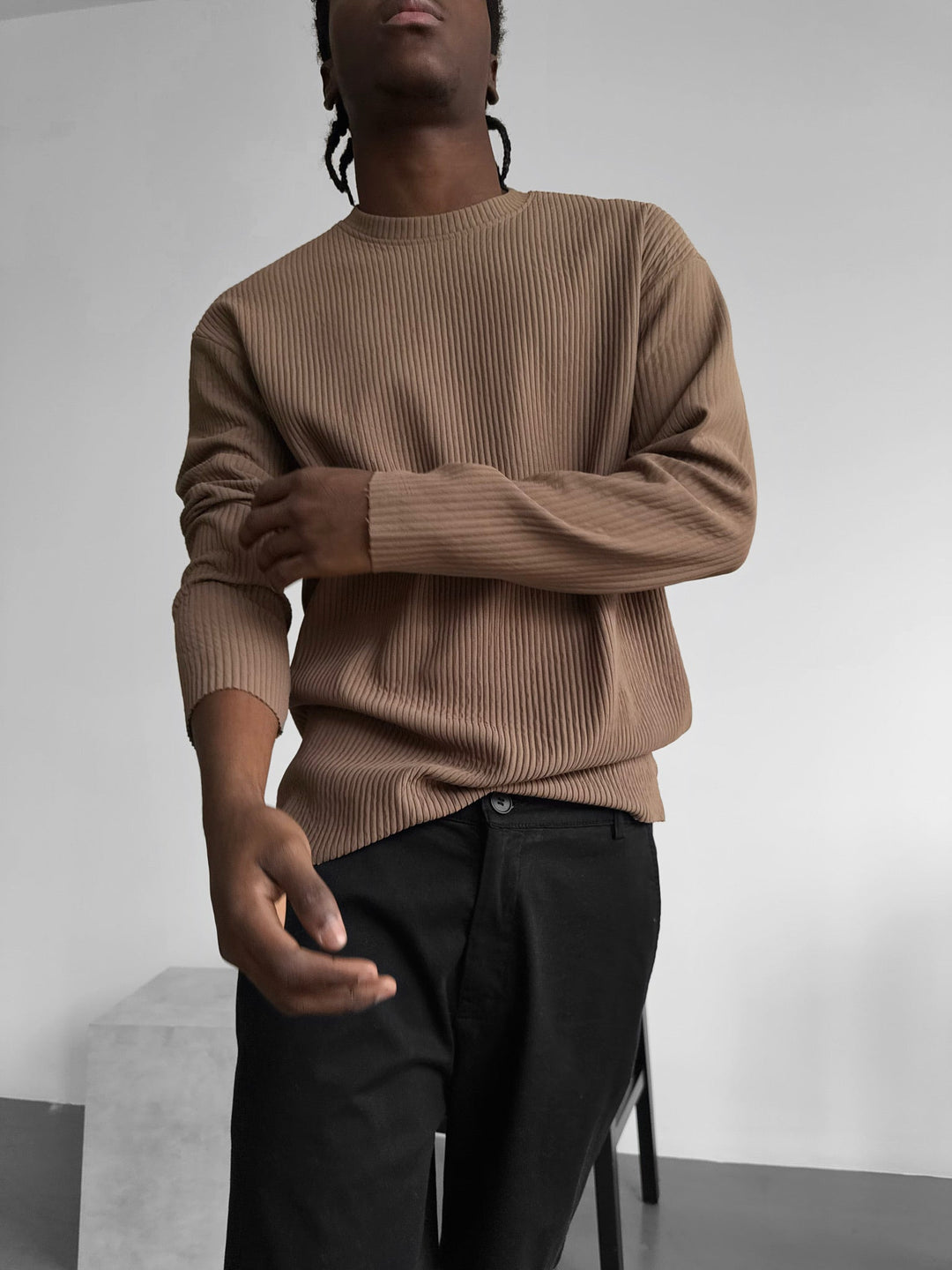Oversize Ribbed Long Arm T-shirt - Brązowy