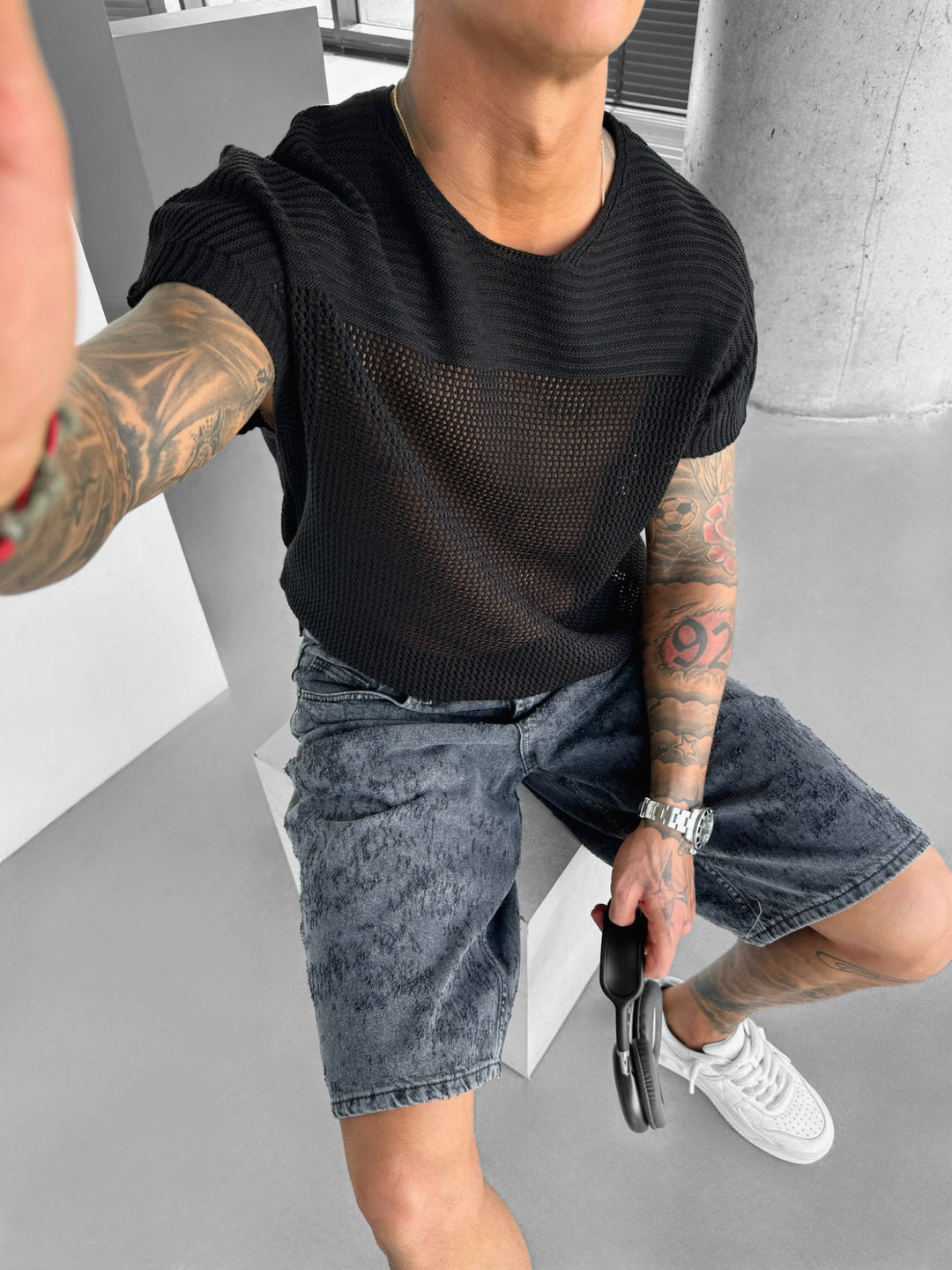 Oversize Teksturowana Koszulka T-shirt - Czarna