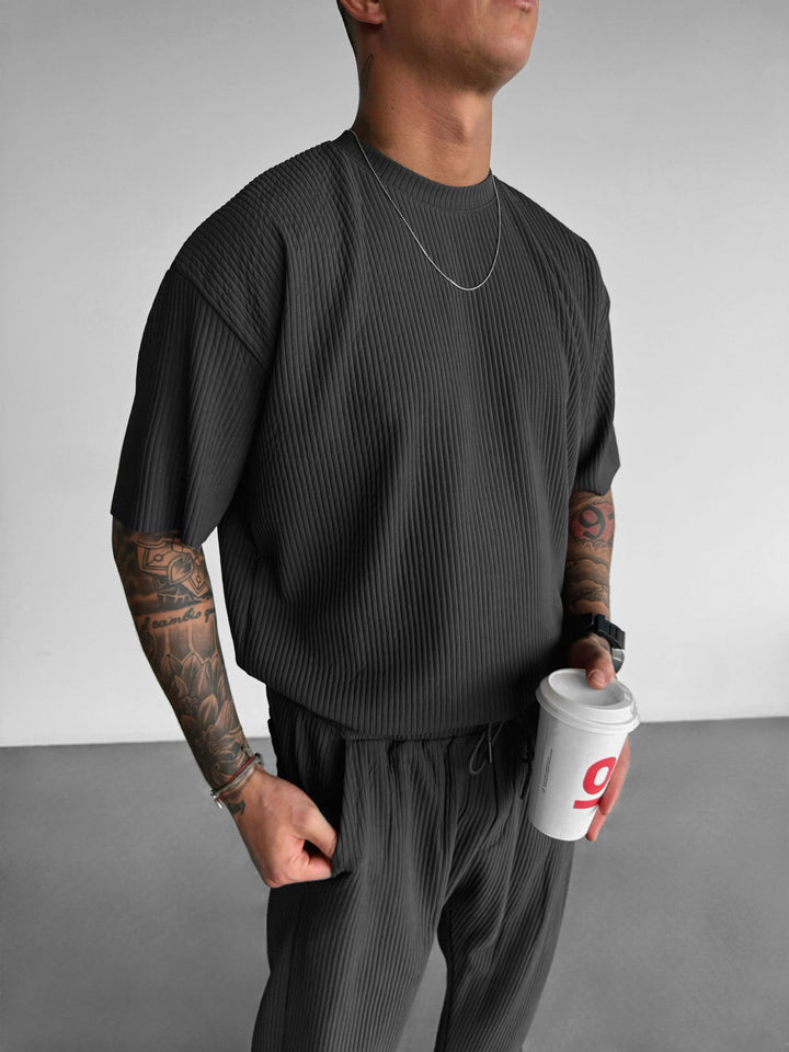 Oversize Ribbed T-Shirt - Czarny