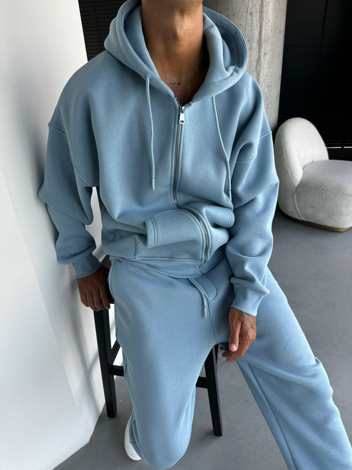Oversize Basic Zipper Hoodie - Wyblakły Dżins
