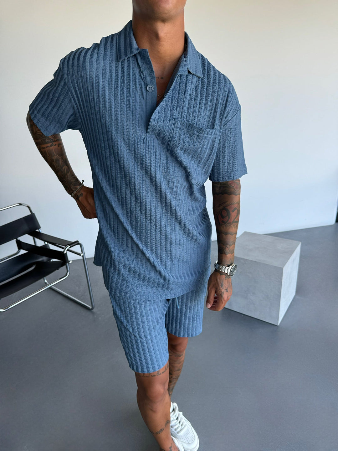 Oversize Structured Polo T-Shirt - Koronowy Niebieski