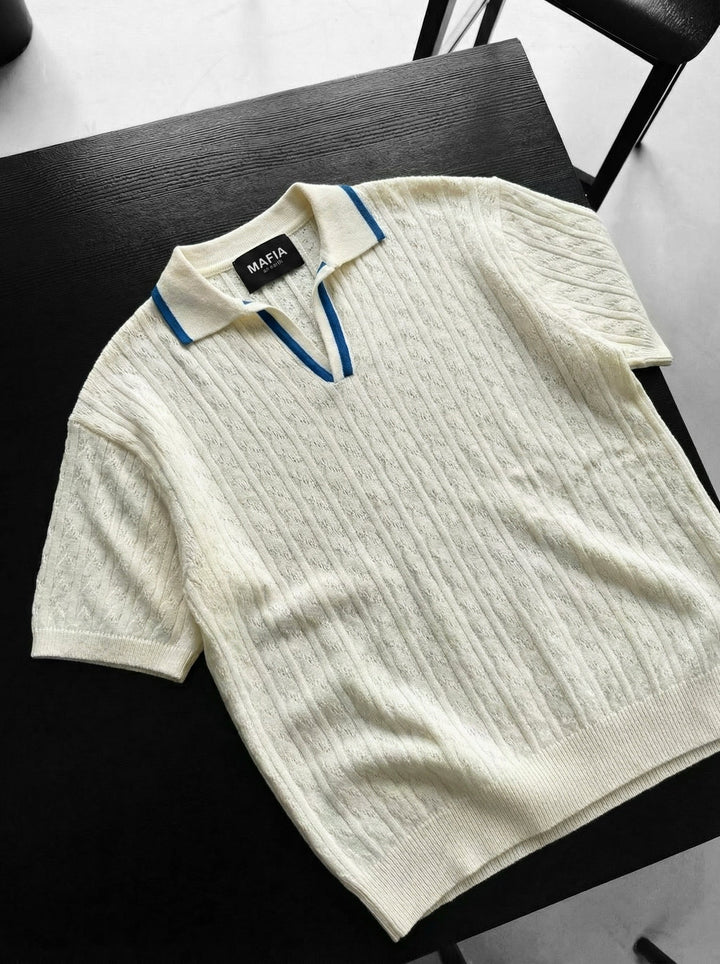 Oversize Strukturalna Koszulka Polo - Ecru i Niebieski