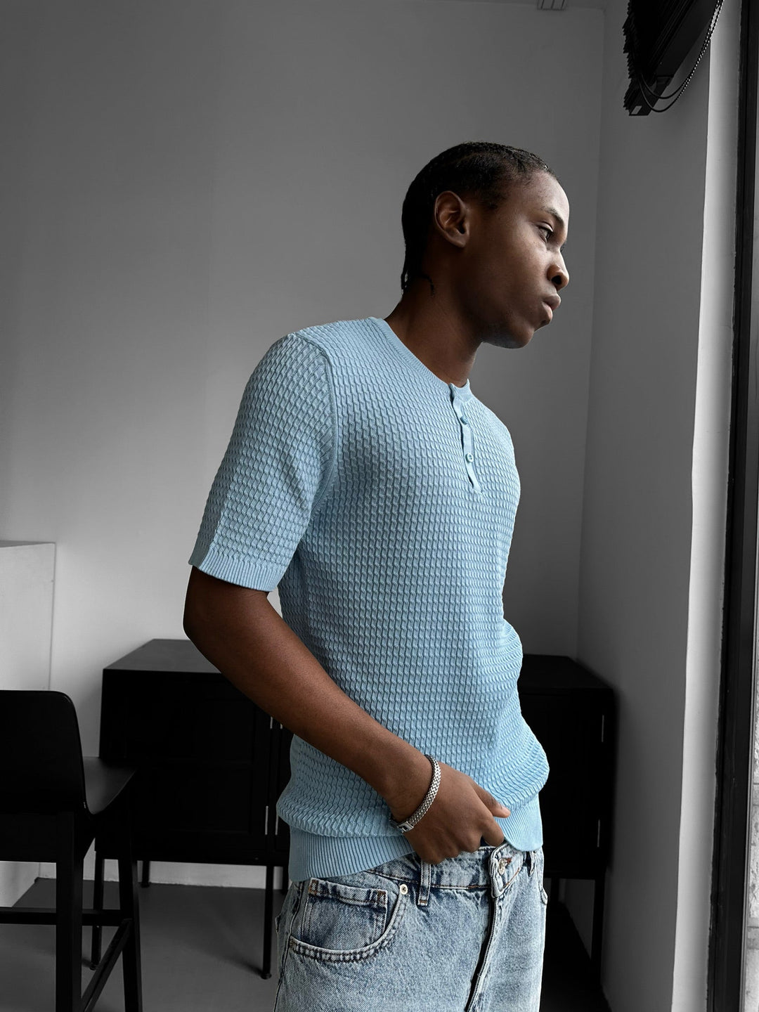 Koszulka Waffle z Guzikami w Regularnym Fitt - Babyblue