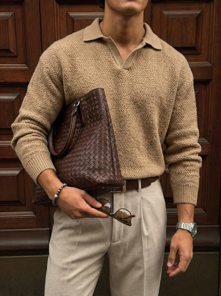 Sweter z dzianinowym kołnierzem - Camel