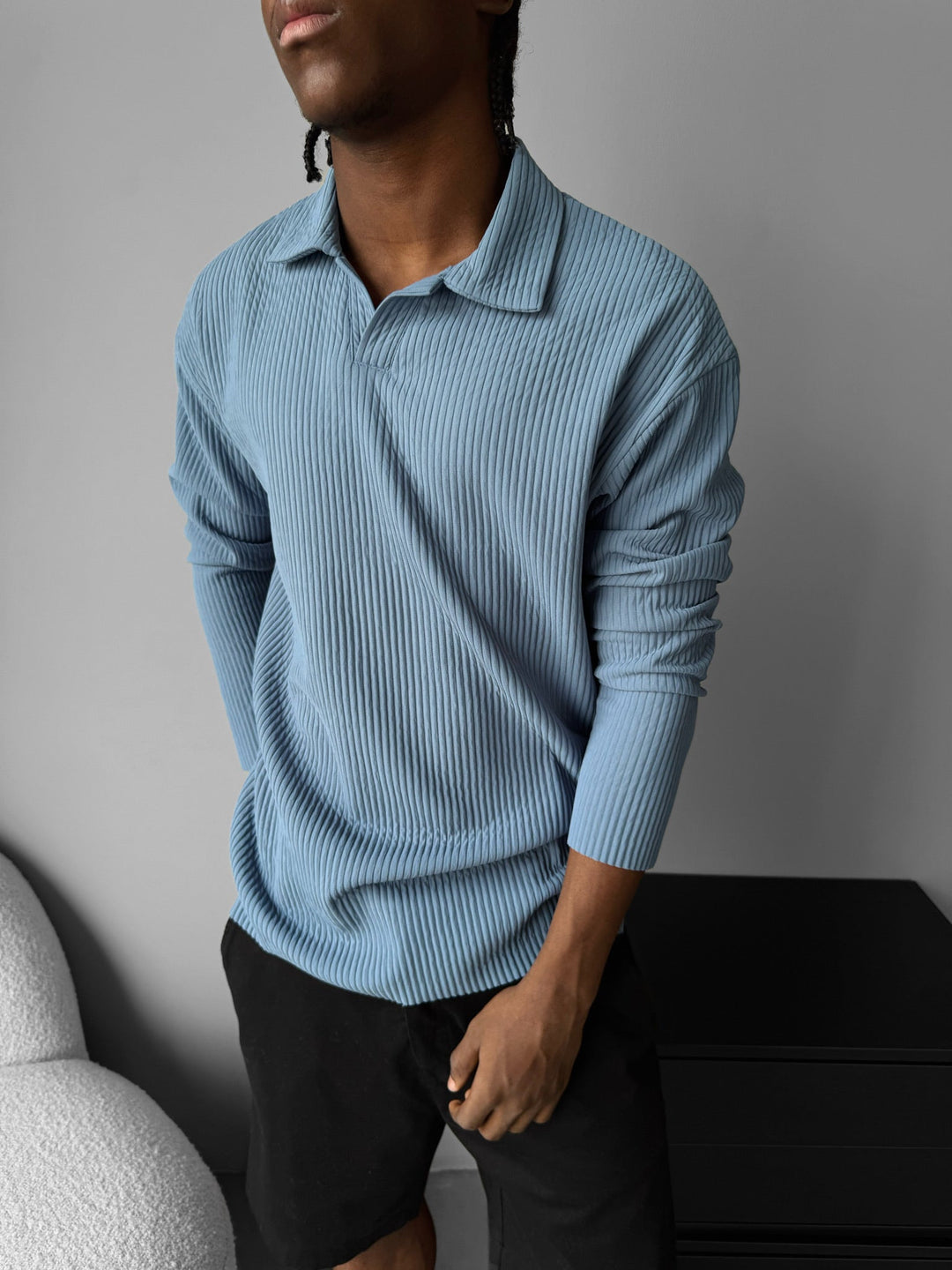 Oversize Ribbed Long Arm Polo T-shirt - Koronowy Niebieski