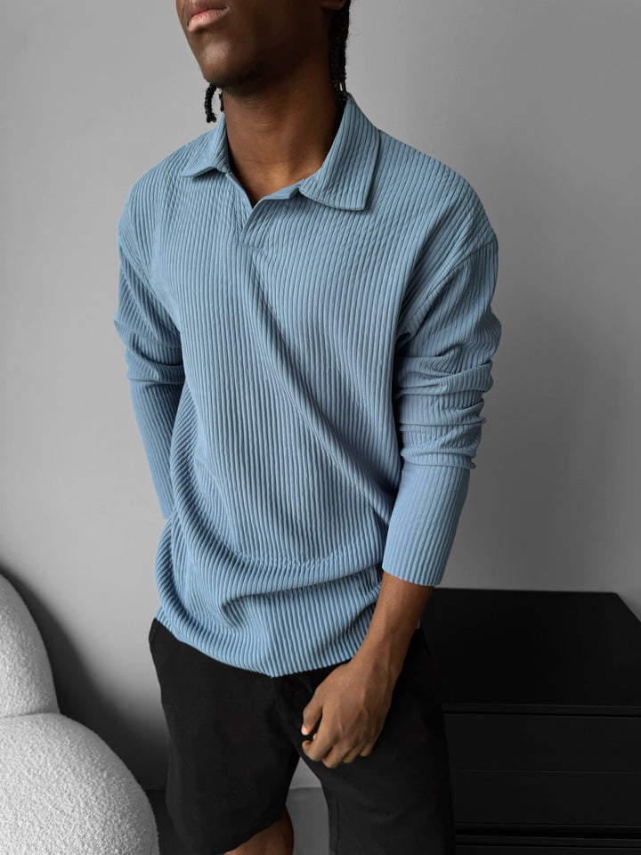 Oversize Ribbed Long Arm Polo T-shirt - Koronowy Niebieski