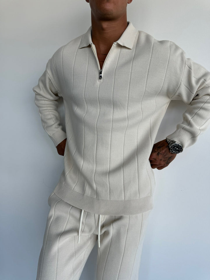 Oversize Lines Knit Zipper Polo Sweatshirt - Kamień