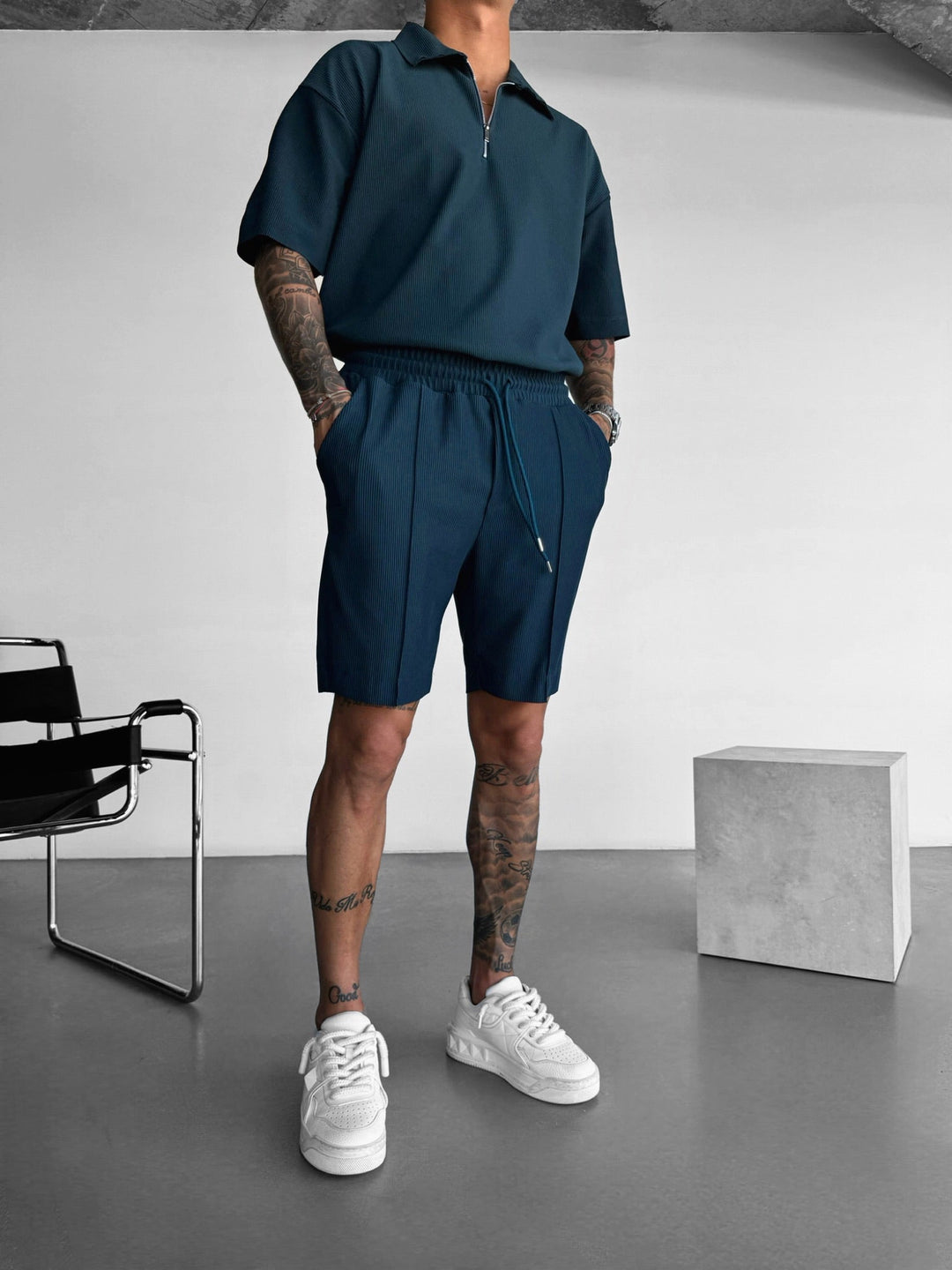 Oversize Teksturowana Koszulka Polo z Zamkiem - Petrol