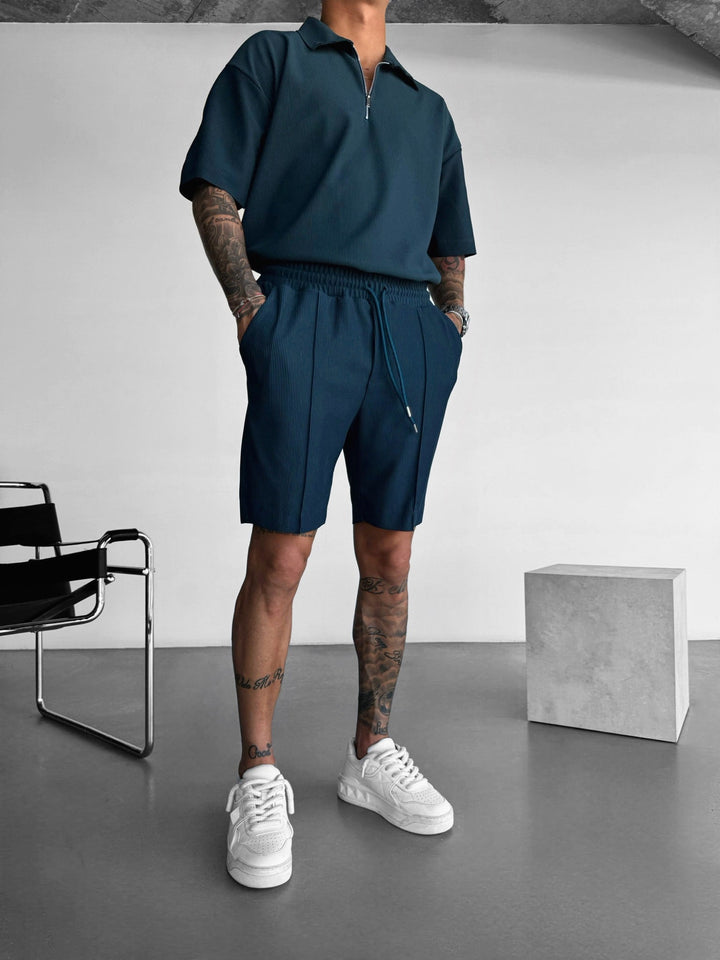 Oversize Teksturowana Koszulka Polo z Zamkiem - Petrol