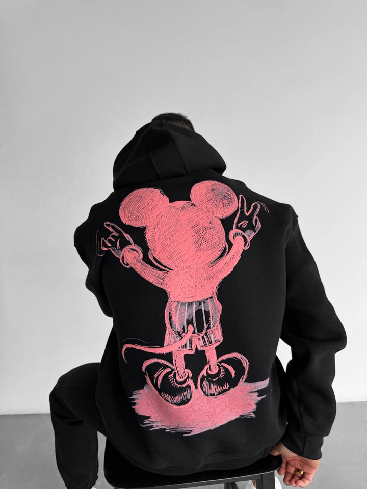 Oversize Hoodie z Myszą - Czarny i Różowy