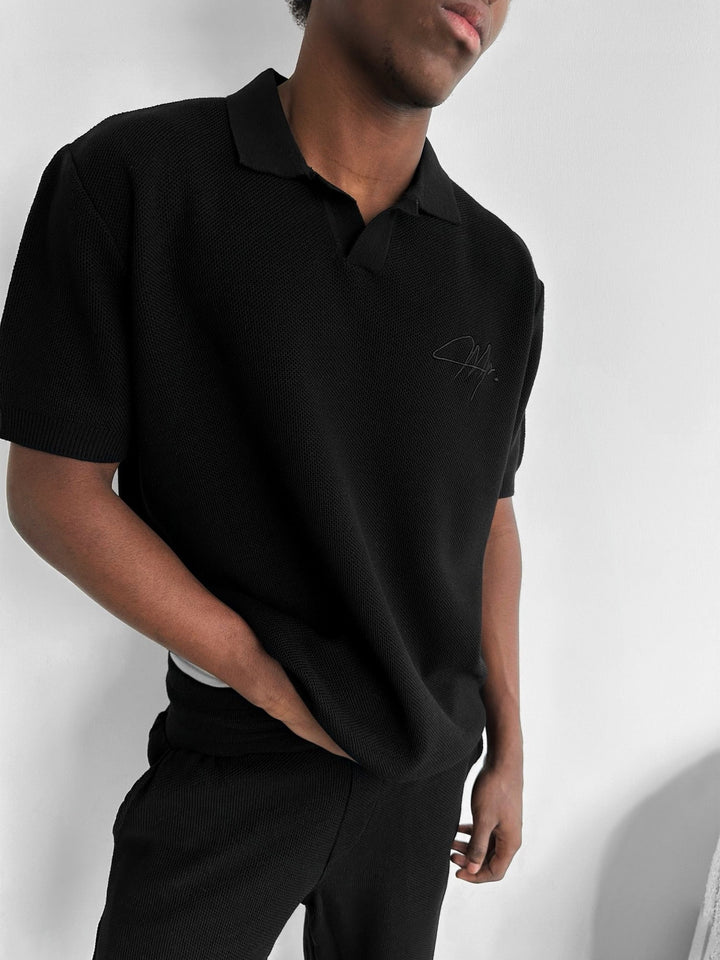 Oversize Initial Knit Polo T-Shirt - Czarny