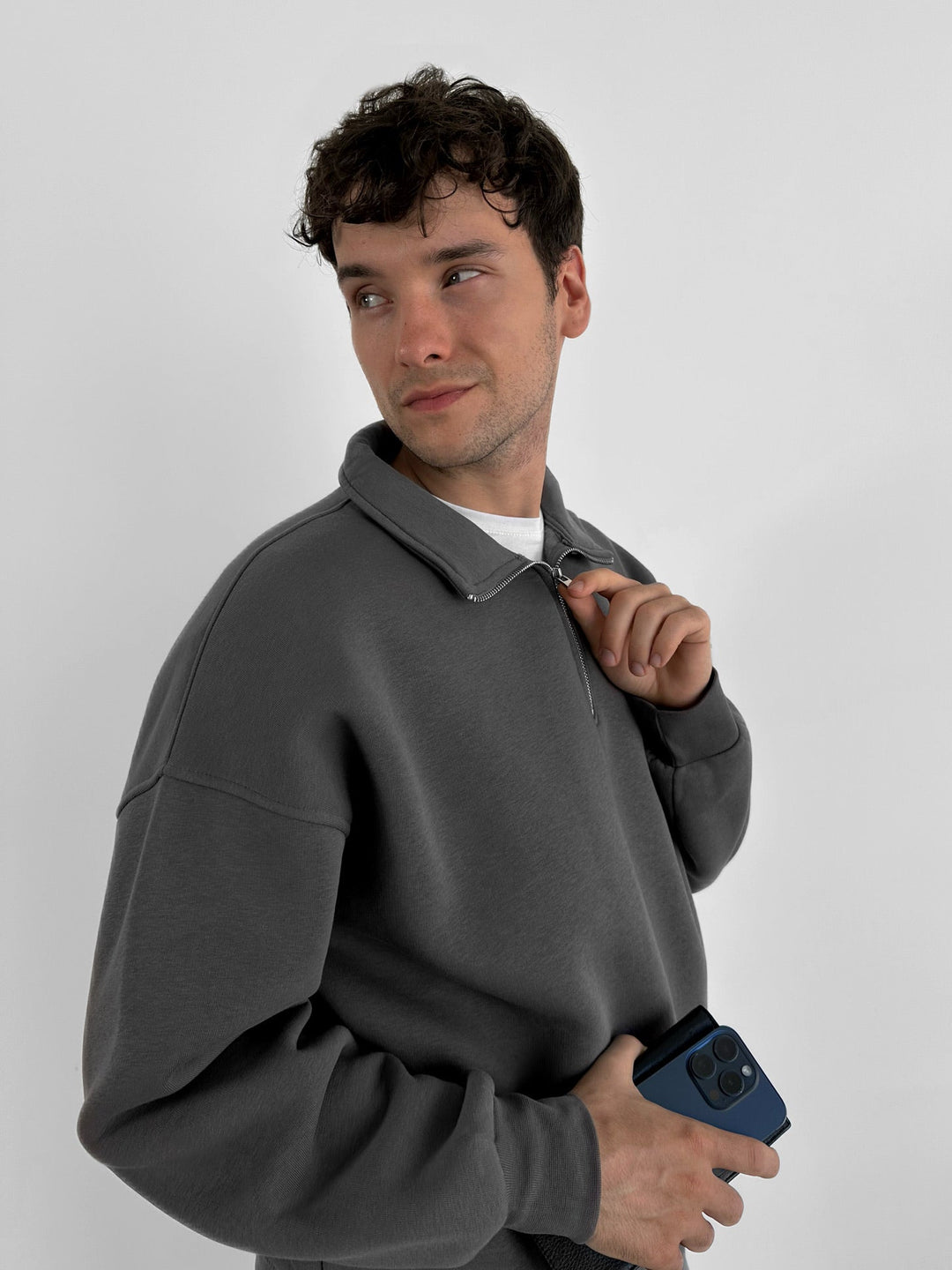 Oversize Polo Sweatshirt z Półzamkiem - Antracyt