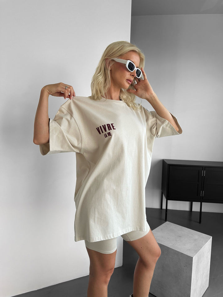 Oversize T-shirt Vivre la Vie - Beżowy