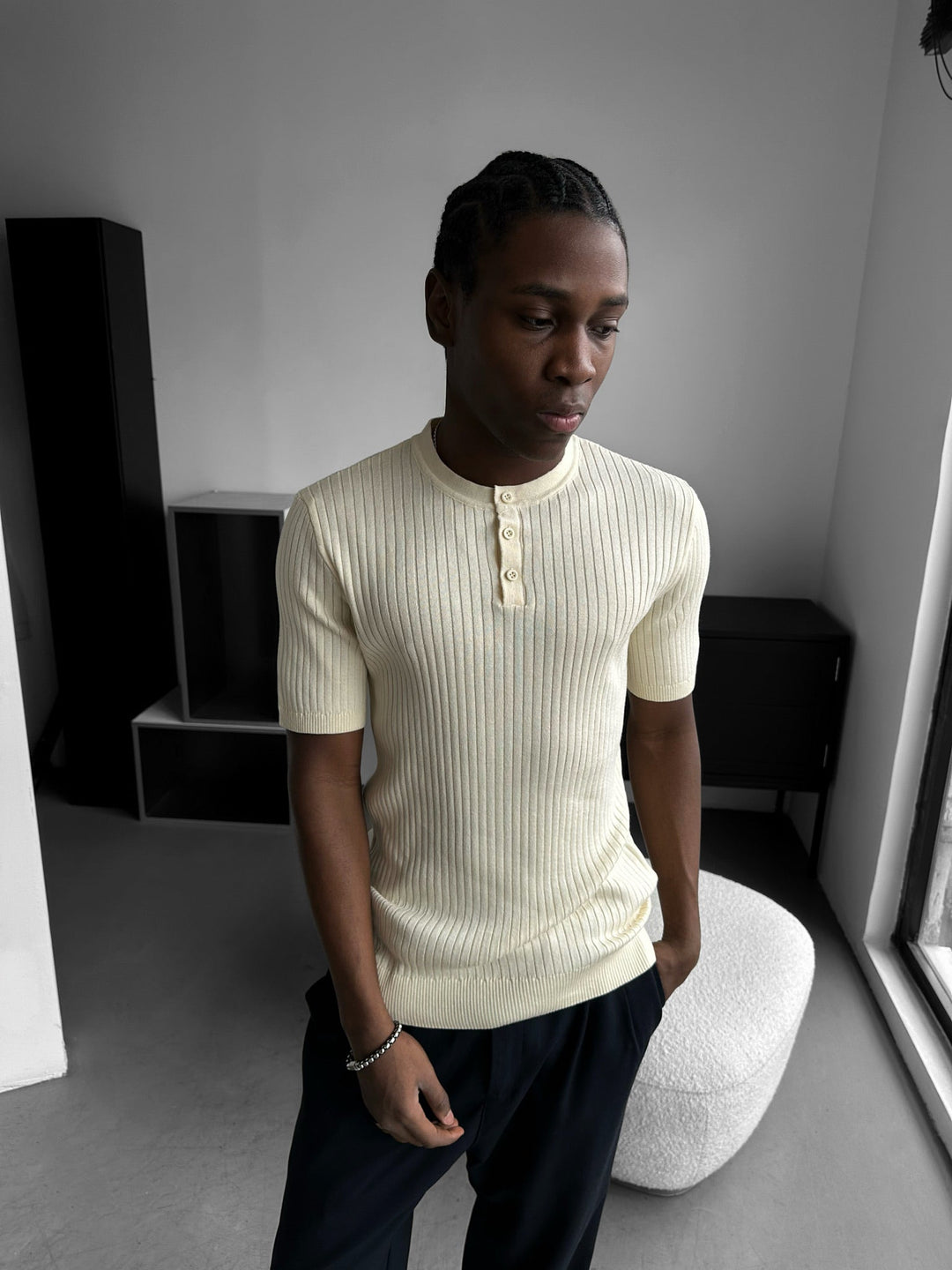 Slim Fit Button Knit T-shirt - Kremowy