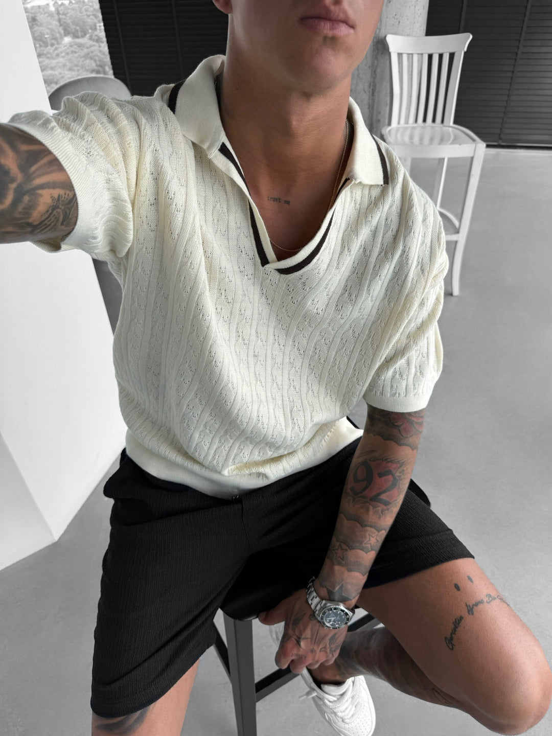 Oversize Structured Polo T-Shirt - Ecru i Brąz
