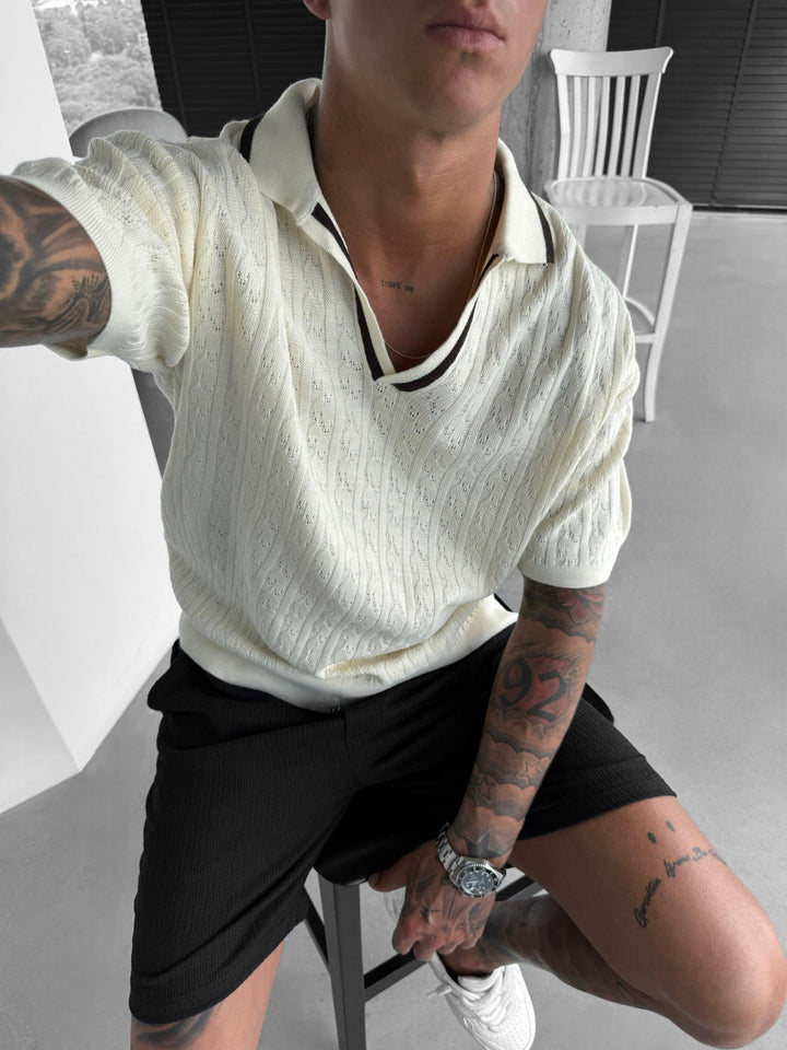 Oversize Structured Polo T-Shirt - Ecru i Brąz