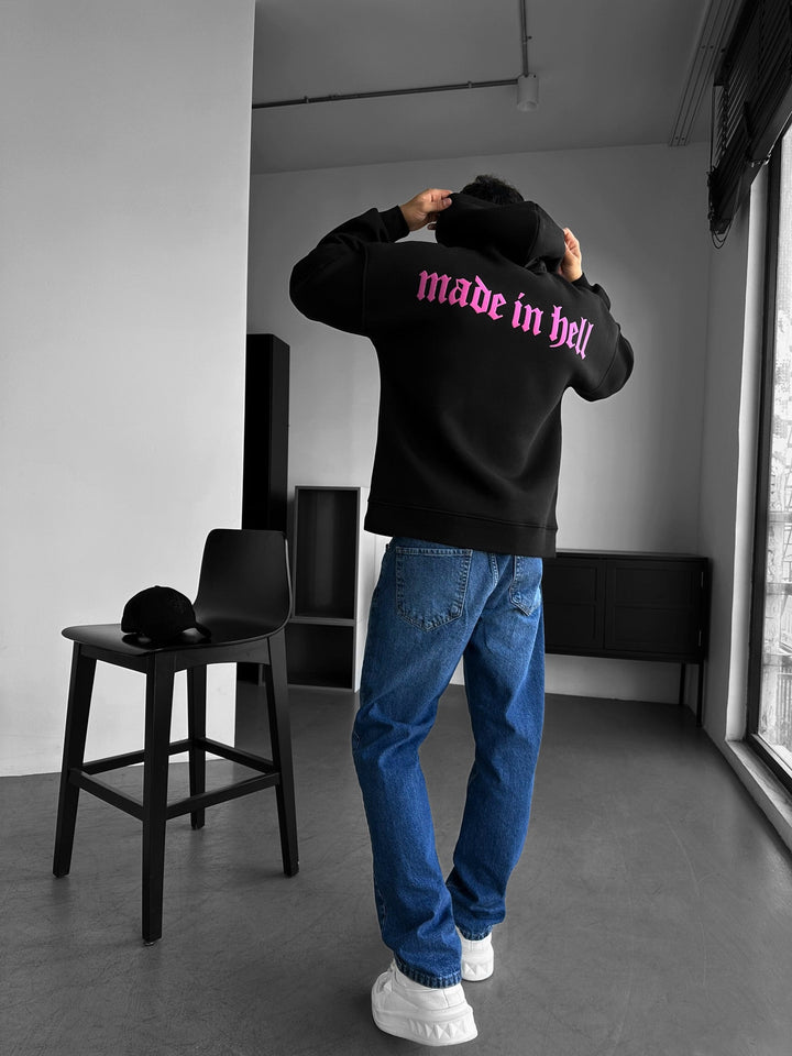 Oversize Made in Hell Hoodie - Czarny i Lila