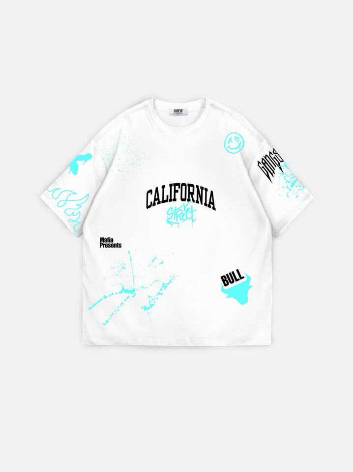 T-shirt Oversize California Graffiti - Ecru i Turkus