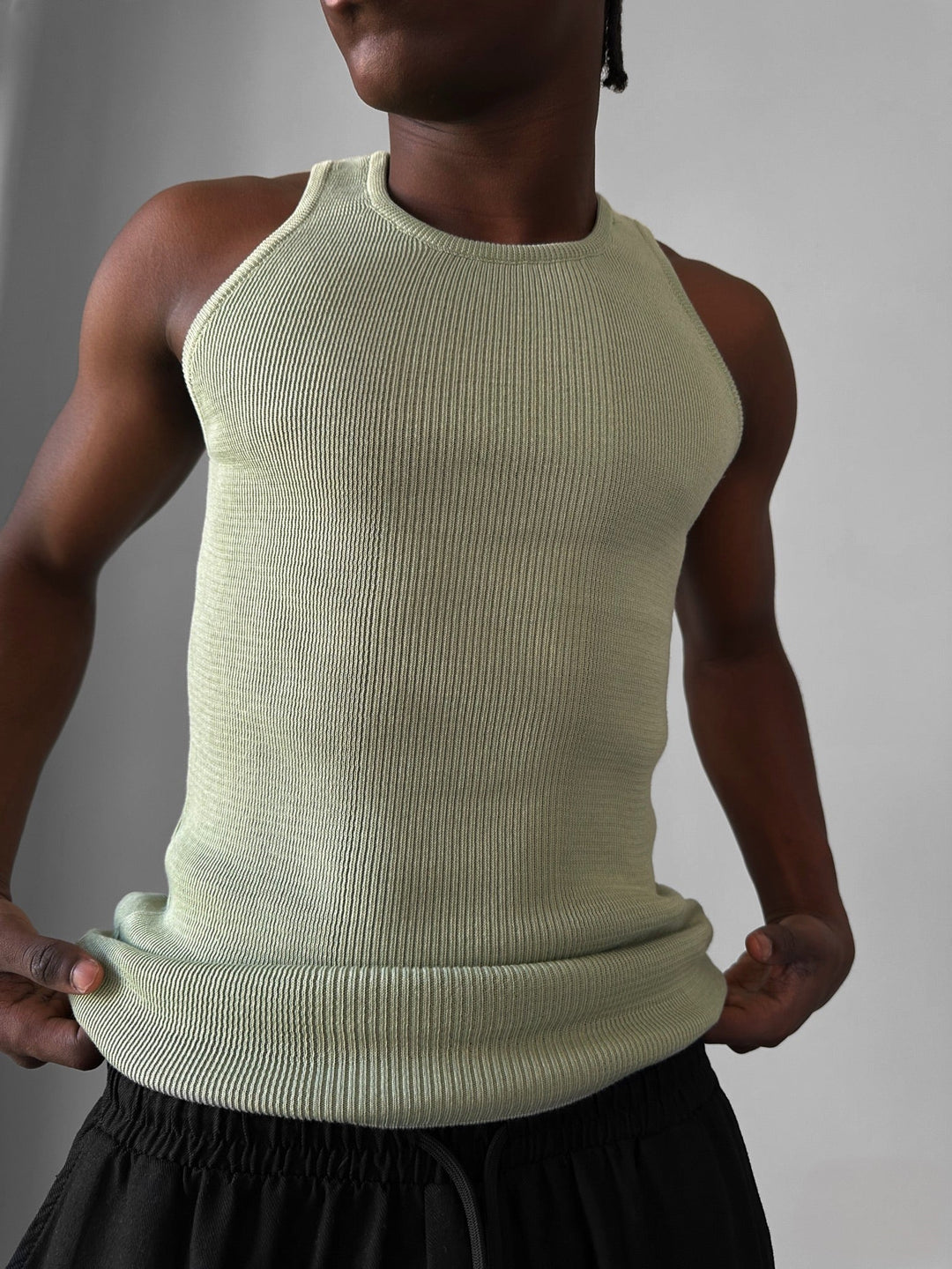 Slim Fit Knit Tanktop - Jasnozielony