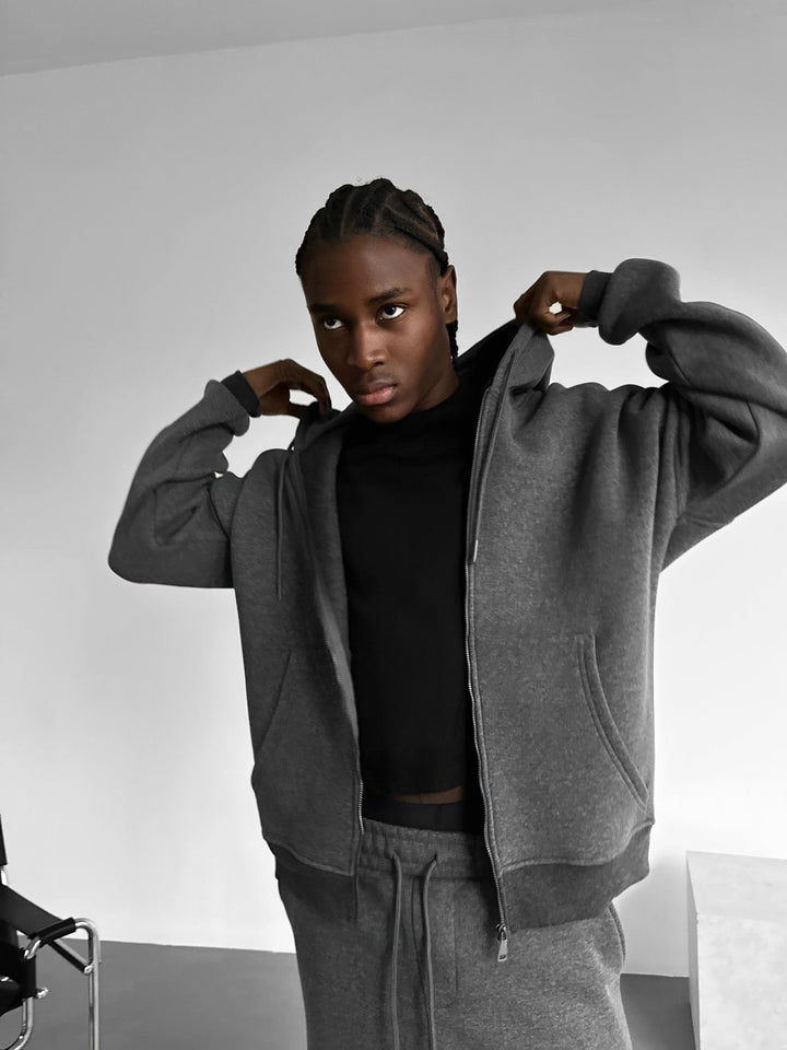Oversize Basic Zipper Hoodie - Antracytowy Melanż