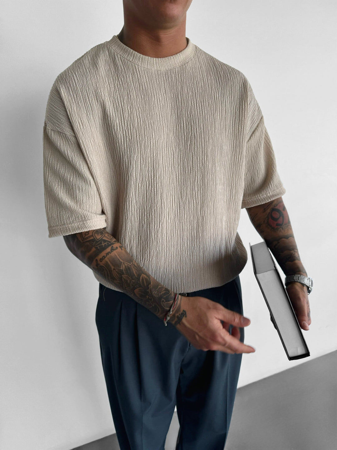 Oversize T-shirty z krepy - Beżowy