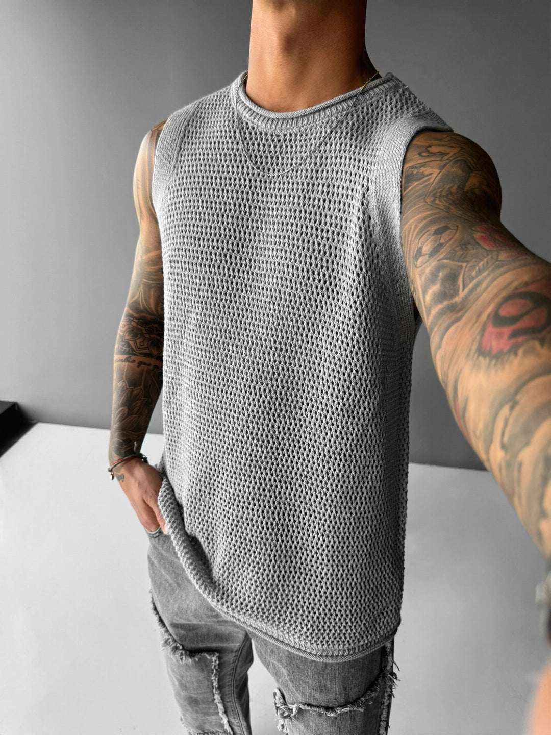 Oversize Teksturowany Top - Szary