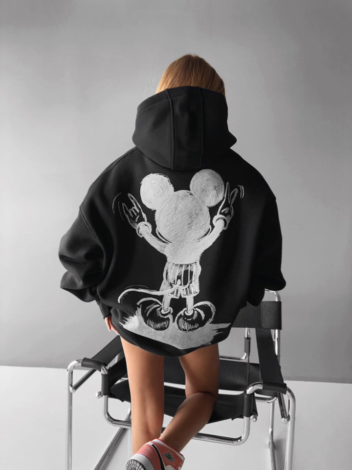 Oversize Hoodie z Myszką - Czarny i Biały