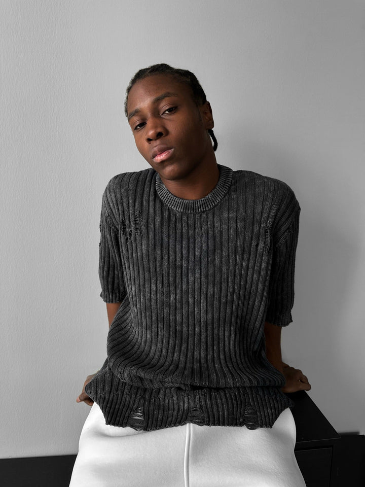 Oversize Torn Washed Knit T-shirt - Czarny