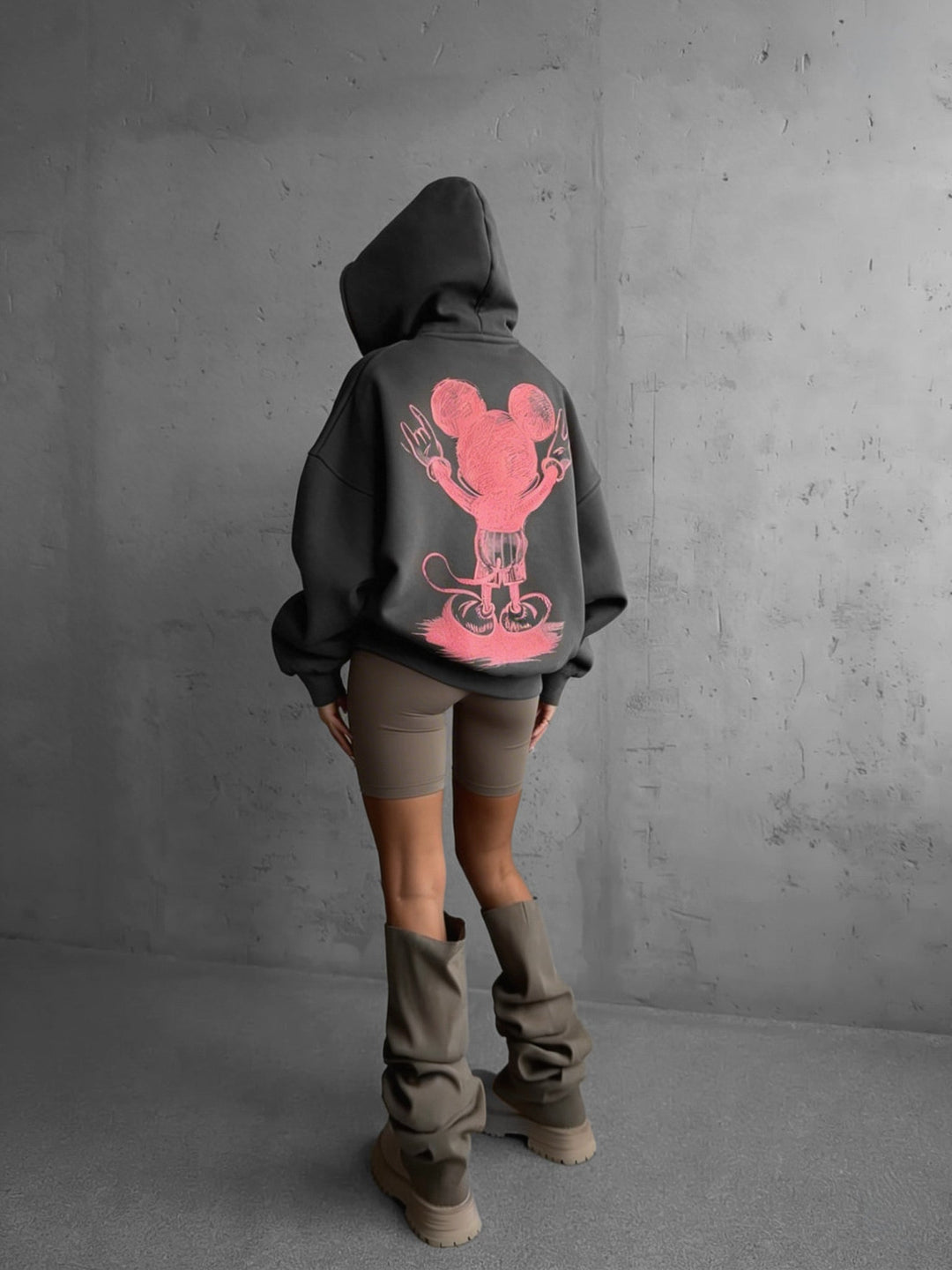 Oversize Hoodie z Myszką - Antracytowy i Różowy