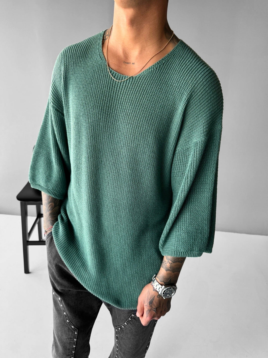 Oversize Długi T-Shirt Dzianinowy - Petrol