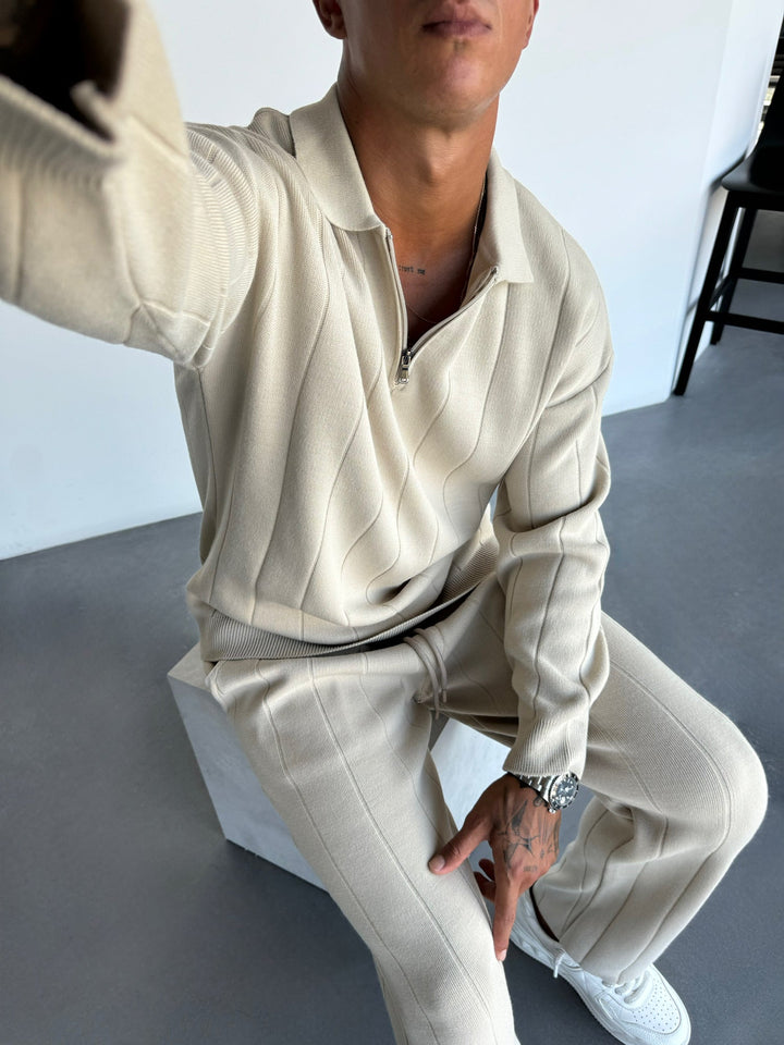 Oversize Lines Knit Zipper Polo Sweatshirt - Kamień