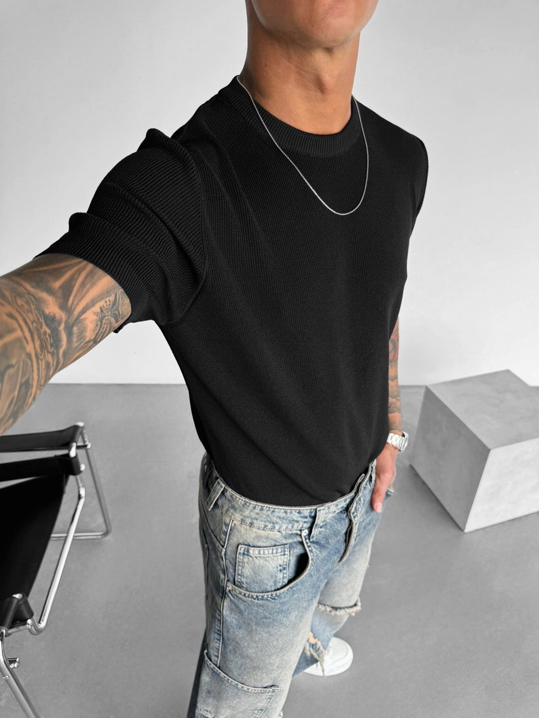 Oversize T-shirt dzianinowy - Czarny