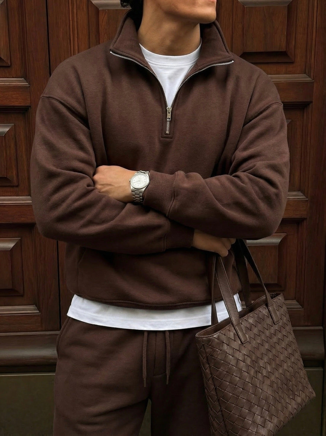 Oversize Polo Bluza z Kapturem - Czekoladowy Brąz