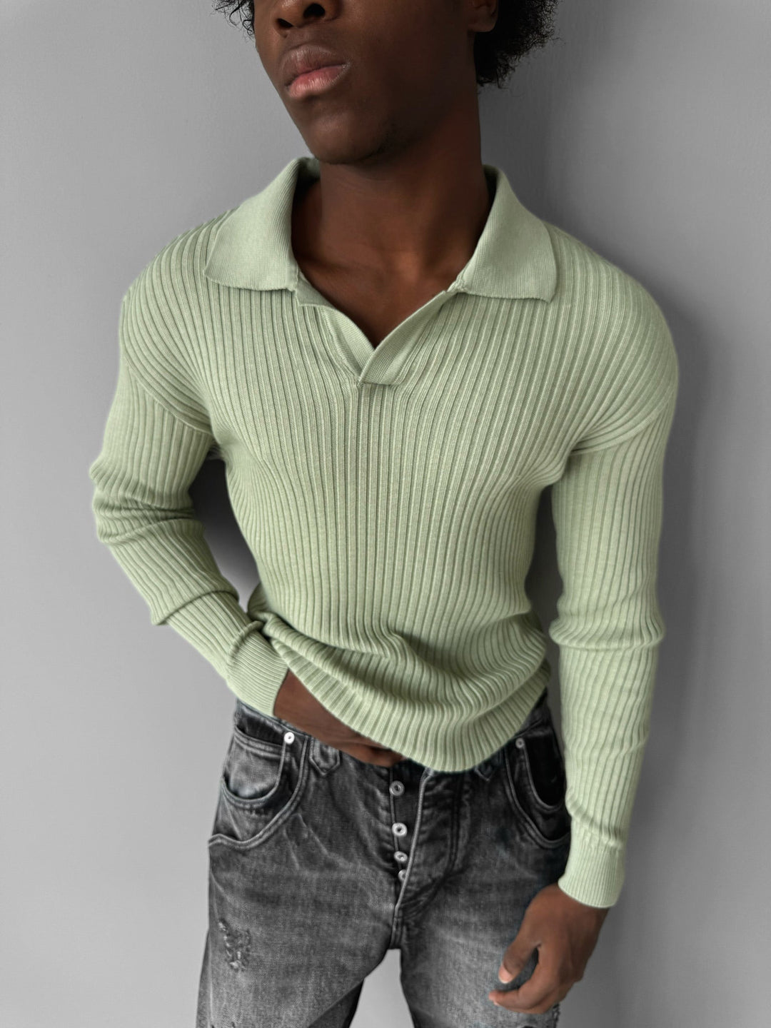 Sweter Polo Slim Fit - Miętowy