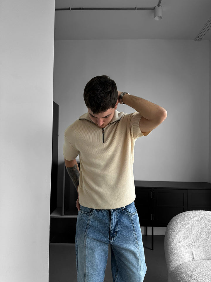 Oversize Zip Neck Knit T-shirt - Beżowy
