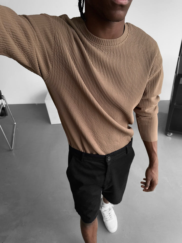 Oversize Ribbed Long Arm T-shirt - Brązowy