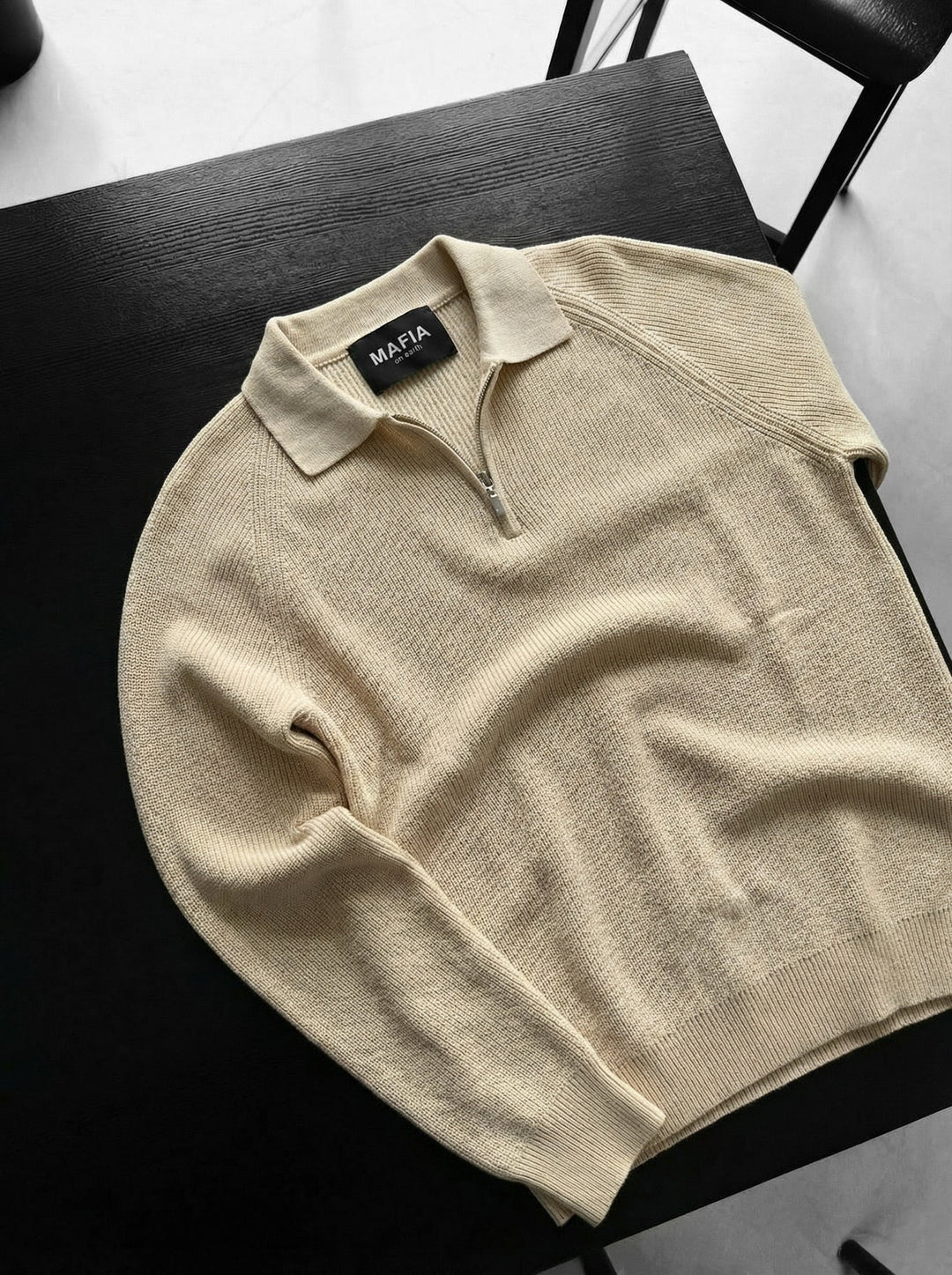 Sweter Polo z Zippem Slim Fit - Beżowy