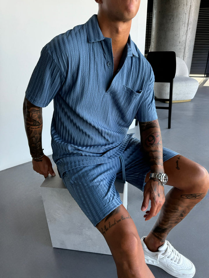 Oversize Structured Polo T-Shirt - Koronowy Niebieski
